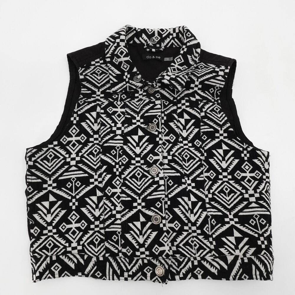 Do & Be Vest Womens Large Black Cropped Aztec Southwestern Button Tribal